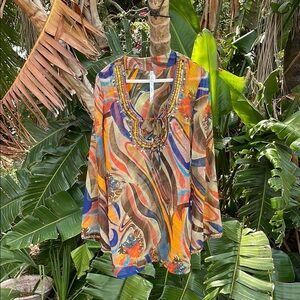 Ocean breeze, retro print, beaded bow sleeve tunic, top, or swim cover-up